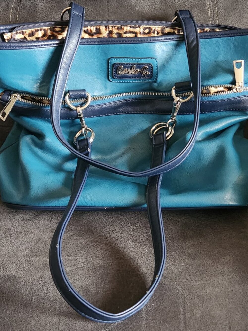Carlo Colucci  Teal & Navy Pebbled Leather Satchel with Leopard Lining